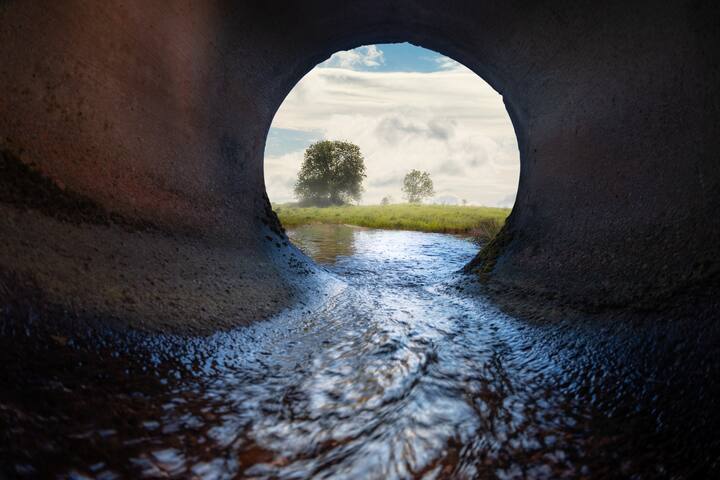 Sewer pipe. Inside view. Meadow and tree in the background
