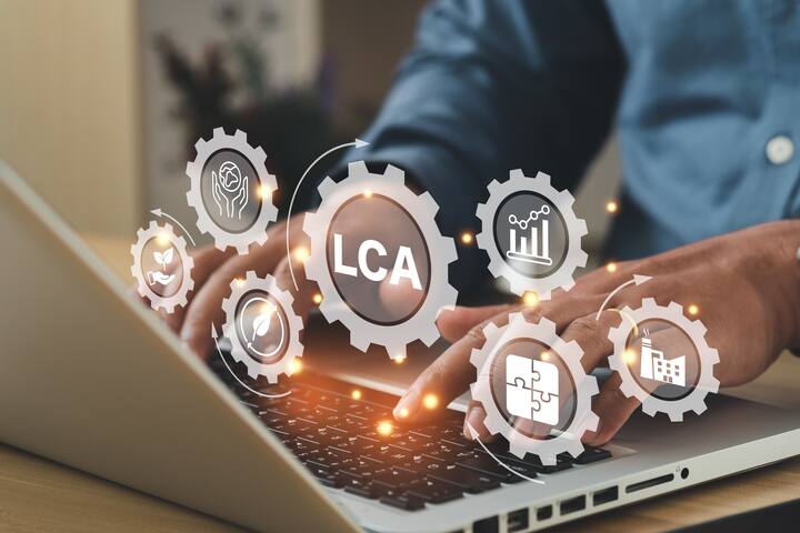 LCA, Life cycle assessment concept. Busines using a computer to ISO LCA standard aims to limit climate change. Methodology for assessing environmental impacts associated on value chain product. Carbon footprint evaluation.
