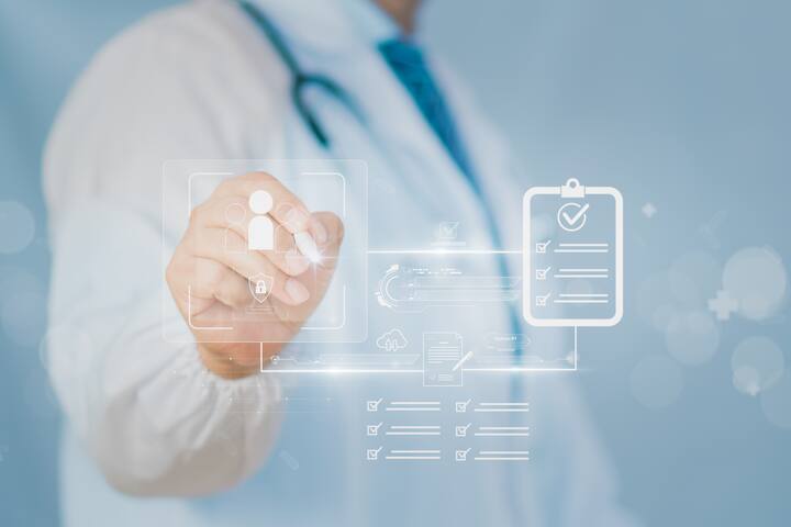 Concept e-signature compliance healthcare, showing doctor using digital checklist, secure data interface, symbolizing consent approval, audit readiness, patient data protection, workflow efficiency.