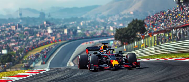 Dinami8c shot of driver races red formula one car on winding racetrack. Grandstands in background blur of motion. Concept of professional sport, competition, tournament, sport event