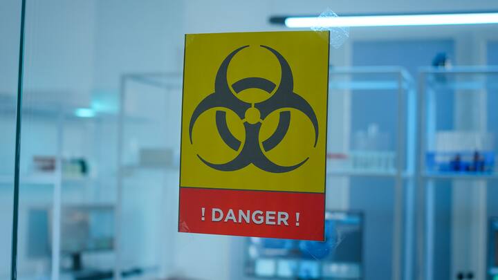 Empty laboratory danger area with nobody in it, prepared for pharmaceutical innovation using high tech and microbiology tools for scientific research. Vaccine development against covid19 virus.